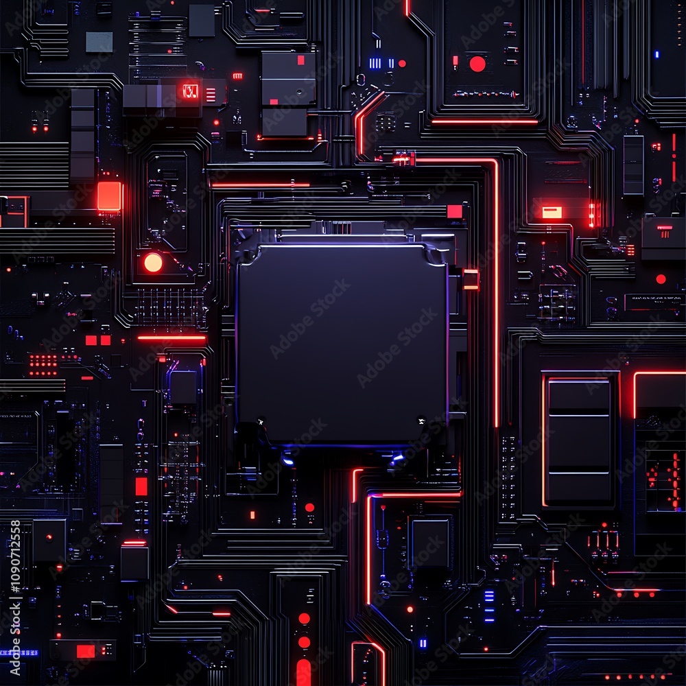 Fototapeta premium Abstract Technology Background Featuring Dark Circuit Board Design with Red and Blue Lighting Elements for Futuristic Digital Concepts and Graphic Design Projects