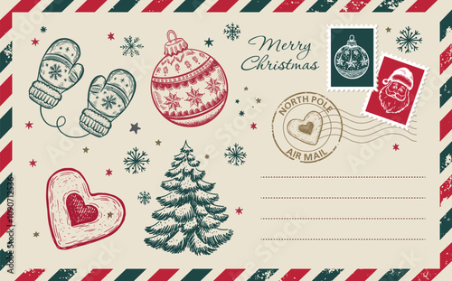 Christmas mail, postcard with ball, tree, Mittens, hand drawn illustration.	

