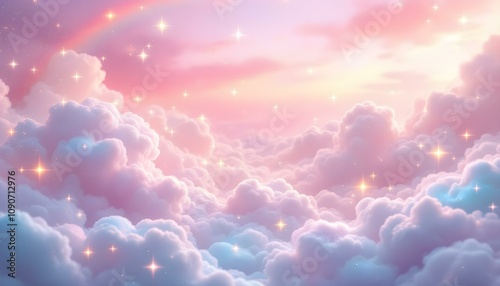 Obraz na płótnie A whimsica pastel rainbow unicorn background shines with sparkling stars against a soft, pink fantasy sky. Fairy iridescent gradient backdrop. unicorn resting on a fluffy cloud with a vibrant rainbow. w salonie