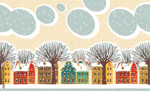 Horizontal seamless pattern. Repeatable winter landscape with cute colored houses, yellow clouds in the sky and snowy trees on a snow-covered street. Decorative vector illustration in cartoon style