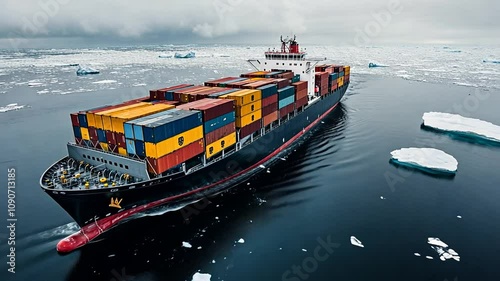 A cargo ship navigating icy waters, loaded with colorful shipping containers.