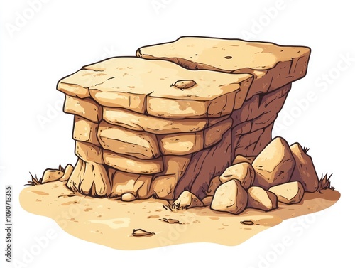 Cartoon flat 2D illustration of a rock cliff in a desert setting featuring a stone pile representing geological and environmental themes isolated on a white background photo