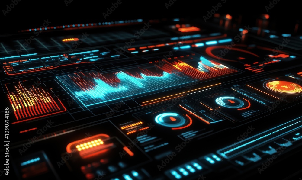 Obraz premium Futuristic data visualization interface with glowing elements, graphs, and controls. High-tech design showcasing analytics and metrics.