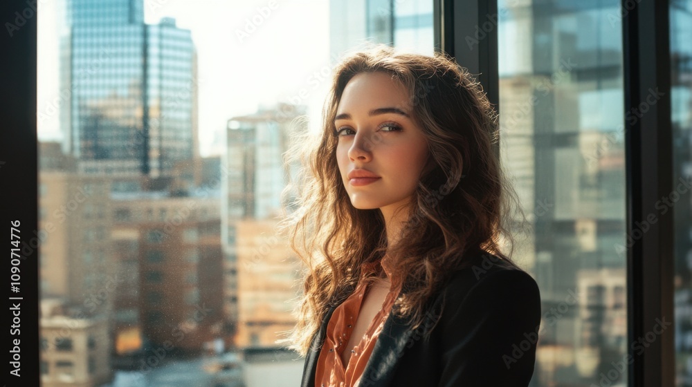 Fototapeta premium Young Woman, Cityscape View, Window, Sunlight, Portrait, Brown Hair, Modern, Stylish, Blazer, Outdoo