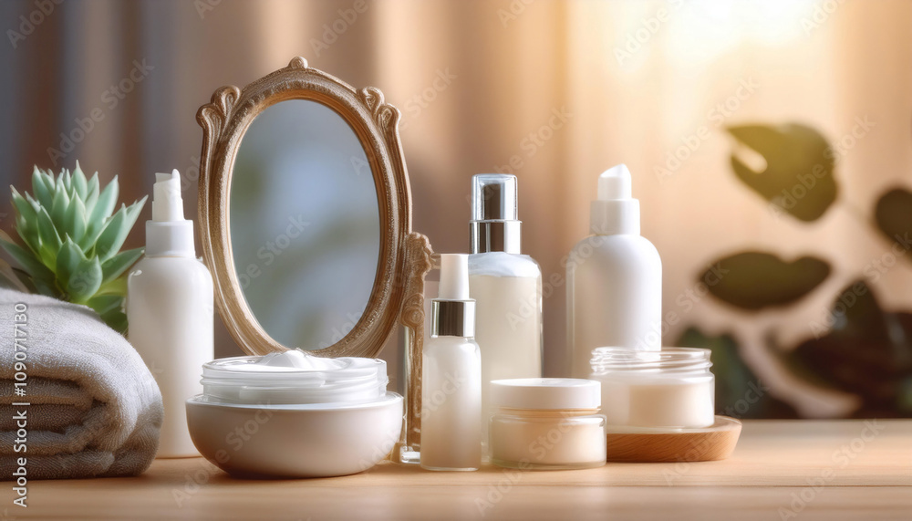 Skincare and beauty, featuring symbols like skincare products, a face mask, and a mirror symbolizing self care, cosmetics, and health. Skincare and beauty, featuring symbols like skincare products, a face mask, and a mirror symbolizing self care, cosmetics, and health.