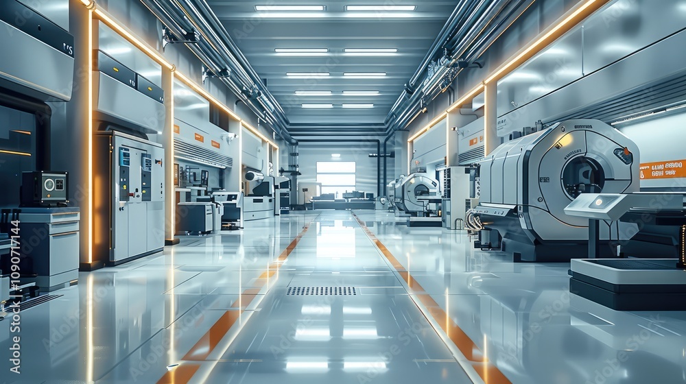 Obraz premium A modern and clean production surrounding, machines and technical devices, High-Tech Work Environments and Advanced Assembly Techniques.