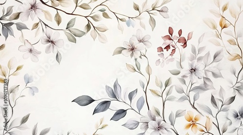 Wallpaper Mural Watercolor vintage wildflowers, cottagecore-style wallpaper with branches and leaves on a white background. Torontodigital.ca