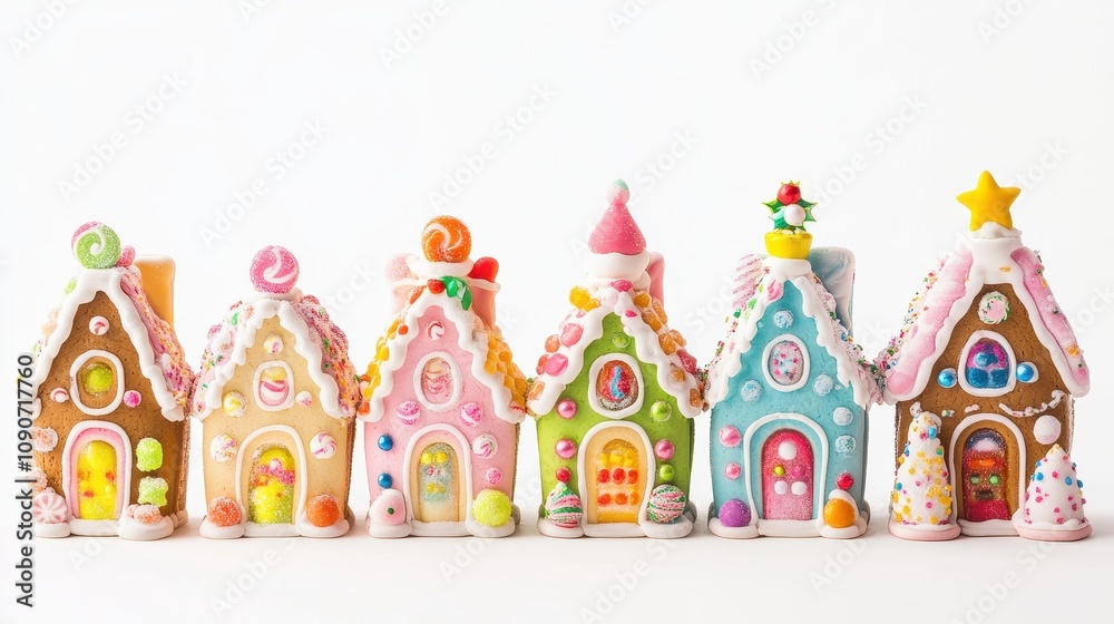 Obraz premium Christmas gingerbread house in snow town,Cookie and candy house with christmas tree,holiday greeting season,gift for Christmas day,Merry Christmas,happy new year concept,copy space.