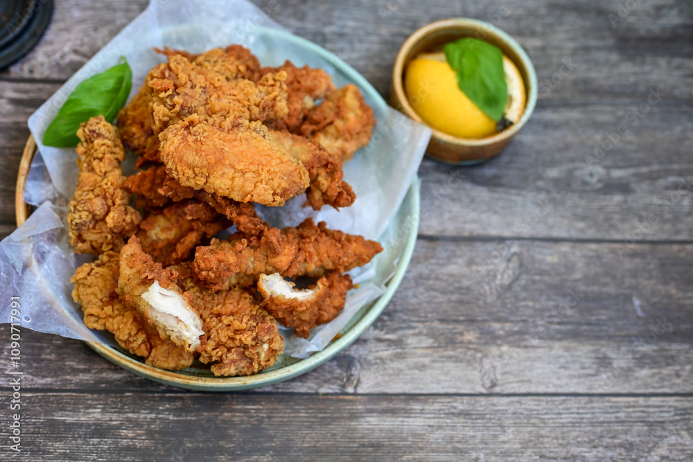 Crispy home made deep fried chicken strips . Breaded with cornflakes chicken breast fillets with chilly peppers and fresh basil on wooden rustic background
Crispy home made deep fried chicken strips . Breaded with cornflakes chicken breast fillets with chilly peppers and fresh basil on wooden rustic background