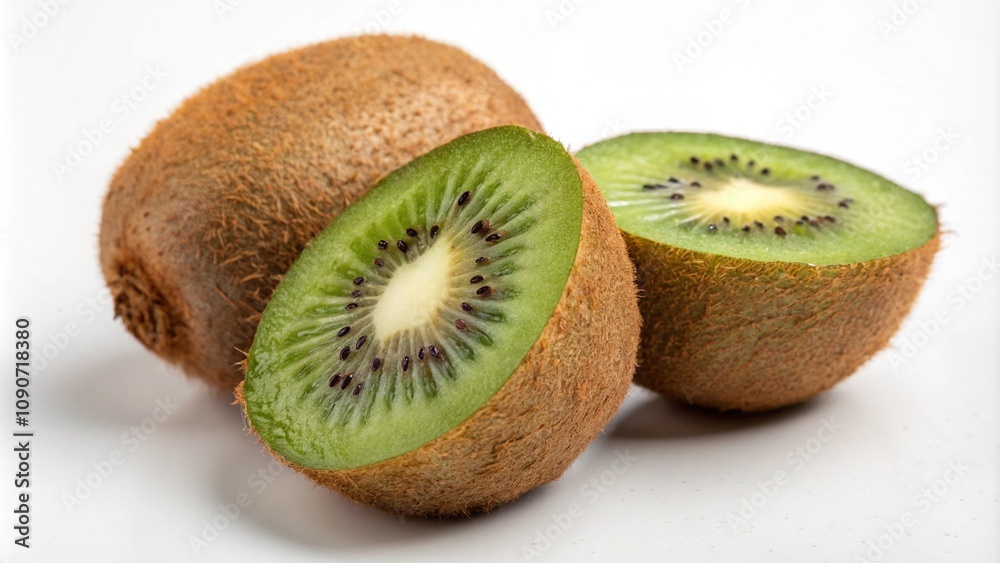 Fototapeta premium Kiwi fruit on a white background. Half kiwi slice isolated on white background. Macro food