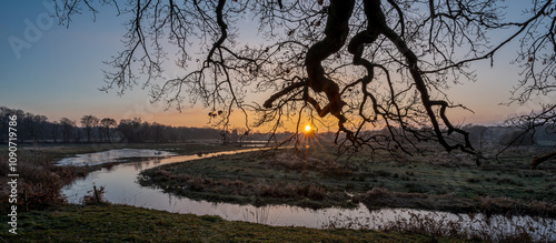 Winter sunset over the Drentsche Aa river - Drenthe, The Netherlands.