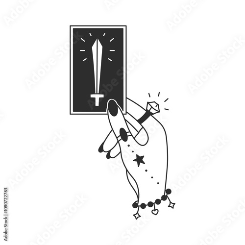 Esoteric Hand holding Tarot Card Line art. Doodle woman gesture. Prediction Fortune telling icon with rings and tattoo on fingers with long nails. Occult Witchcraft sign.