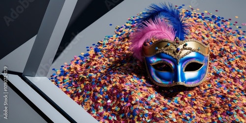 Venetian carnival mask with blue and gold accents is lying on a bed of glittering confetti. photo