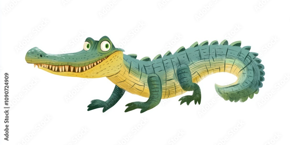 Fototapeta premium Charming and humorous flat style alligator or crocodile in a 2D cartoon illustration set against a white background A decorative design featuring a water creature with a long tail and large teeth