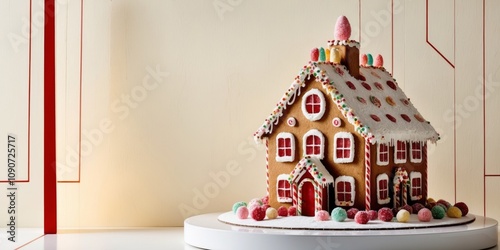 Create a festive gingerbread house with colorful candy decorations for a merry holiday celebration. photo