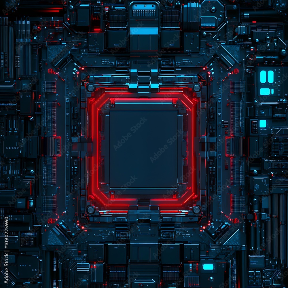 Fototapeta premium Futuristic Digital Circuit Board with Red and Blue Accents, High-Tech Background Ideal for Science, Technology, and Innovation Themes in Contemporary Design Projects