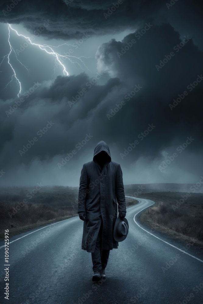 Obraz premium Solitary Figure Walking Down a Winding Road in a Stormy Landscape.