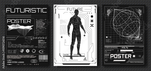 Futuristic Graphic Posters with Abstract Designs.  Set of retro futuristic banner or print with wireframe elements and digital human figure, typography in trendy retro 2000s style. Vector illustration