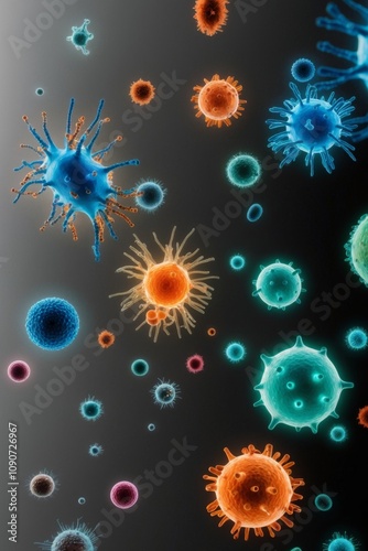 Microscopic view of various colorful germs.