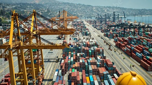 Aerial view of a busy shipping port with workers observing container operations.