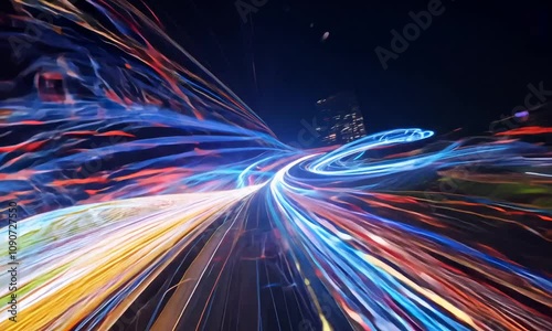 Light speed, traffic motion abstract long expsoure. Generative AI photo