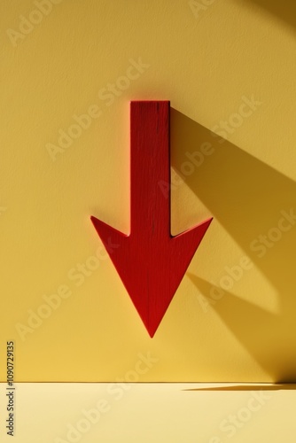 red wooden arrow pointing down on yellow background business market decline or economic.