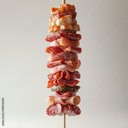 a ultraphotorealistic tower on a wooden stick made out of salami, ham, bacon and prosciutto, that is perfectly vertical on a white background, bright light, generative ai photo