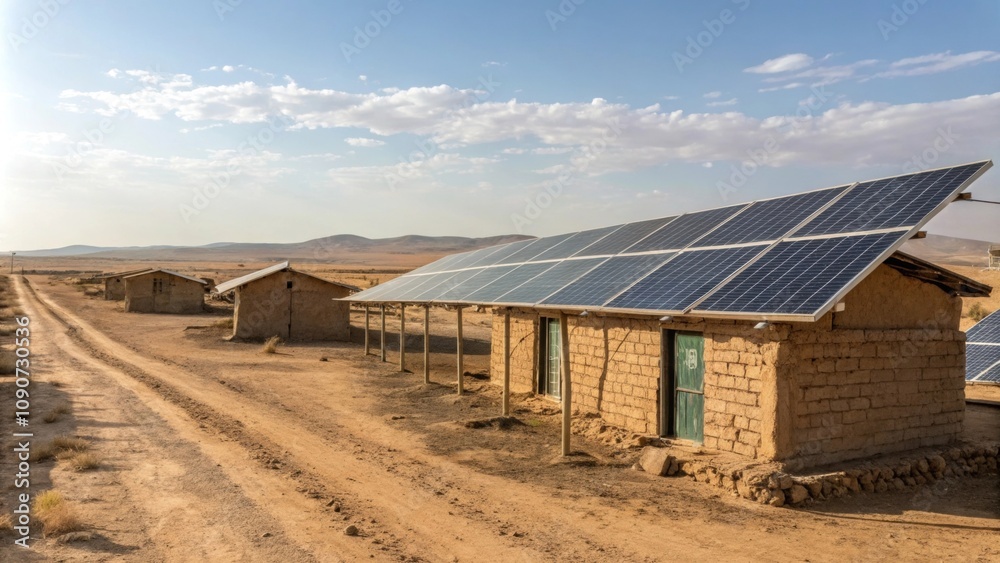 Solar panels arranged in neat rows beside simple earthen structures in a dry landscape. Solar panels arranged in neat rows beside simple earthen structures in a dry landscape.