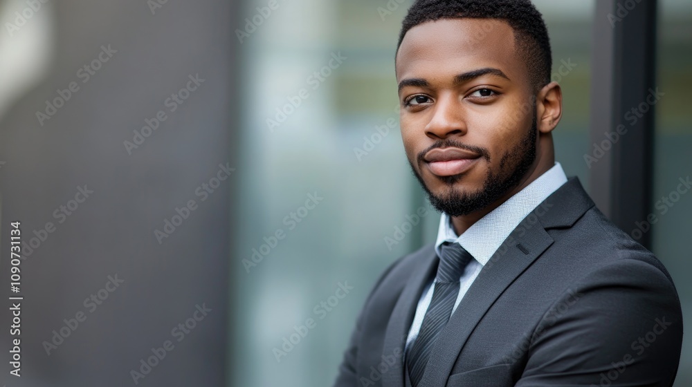 Fototapeta premium Young businessman in formal suit exuding confidence and professionalism with clear background suitable for text overlay.