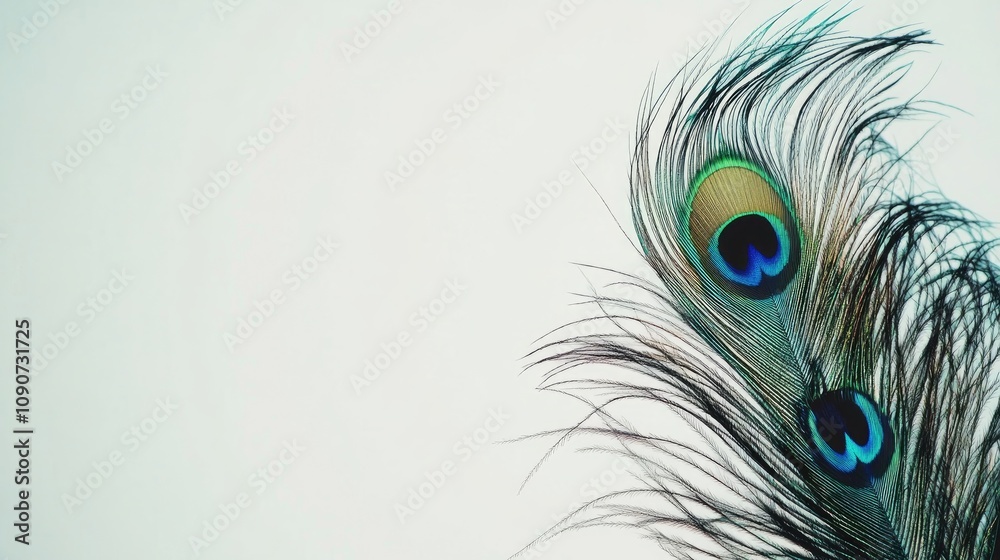 Obraz premium Peacock Feather Showcasing Vibrant Iridescent Colors with Striking Eye Patterns Against a Minimalist White Background