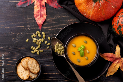 top view, a black bowl with pumpkin soup garnished with pumpkin seeds and basil leaves. On the side, autumn pumpkin leaves and some croutons. photo