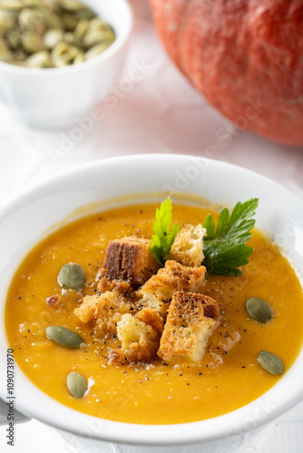 In a white ceramic bowl, a creamy pumpkin soup garnished with croutons, parsley and pumpkin seeds. To the side, on a textured white background, a pumpkin.