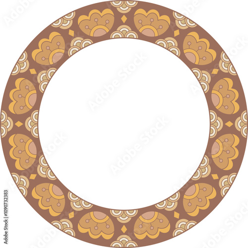 Detailed abstract Chainese Japanese wave and floral repeating pattern round frame border. Use for embroidery framing, plate contour, greeting card, invitation, holiday decor photo