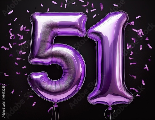 Purple birthday / anniversary balloon, number 51, black background with confetti