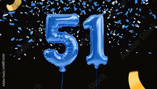 Blue birthday / anniversary balloon, number 51, black background with confetti