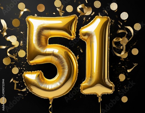 Gold birthday / anniversary balloon, number 51, black background with confetti