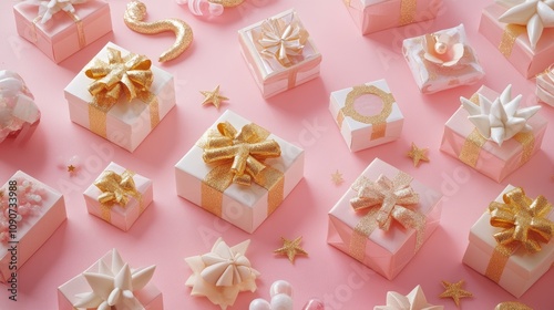 Stylish pastel gift boxes with golden bows and star confetti arranged on a pink tabletop, perfect for celebrations like birthdays and weddings. photo