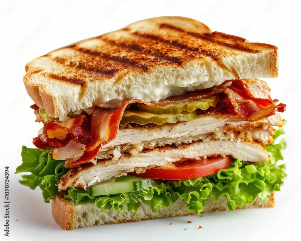 A delicious grilled chicken sandwich layered with crispy bacon, fresh lettuce, and tomatoes, served on toasted bread. A delicious grilled chicken sandwich layered with crispy bacon, fresh lettuce, and tomatoes, served on toasted bread.
