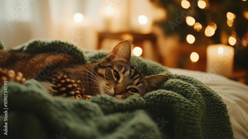 A tabby cat lounges comfortably on a knitted blanket surrounded by decorative pinecones, with soft candlelight and holiday lights creating a serene winter ambiance. photo