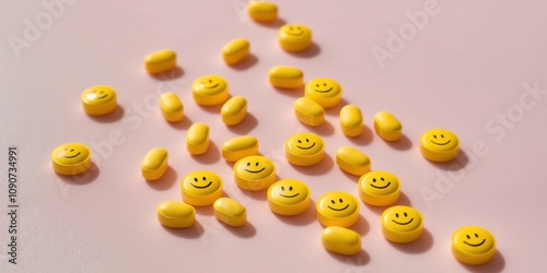 Yellow pills with smiley faces symbolizing antidepressant medication lying on a pink background. photo