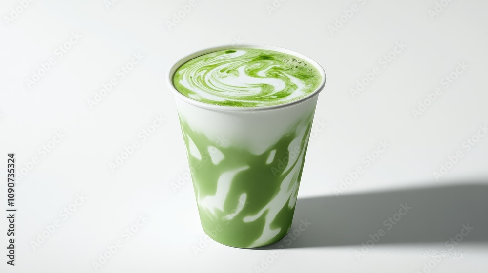 Artfully crafted hot matcha green tea latte with intricate foam design in a plain white cup, showcasing vibrant green swirls against a minimalistic background. Artfully crafted hot matcha green tea latte with intricate foam design in a plain white cup, showcasing vibrant green swirls against a minimalistic background.