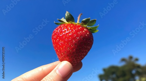 Hand holding a vibrant ripe strawberry against a bright blue sky, symbolizing healthy eating and the essence of summer freshness. photo