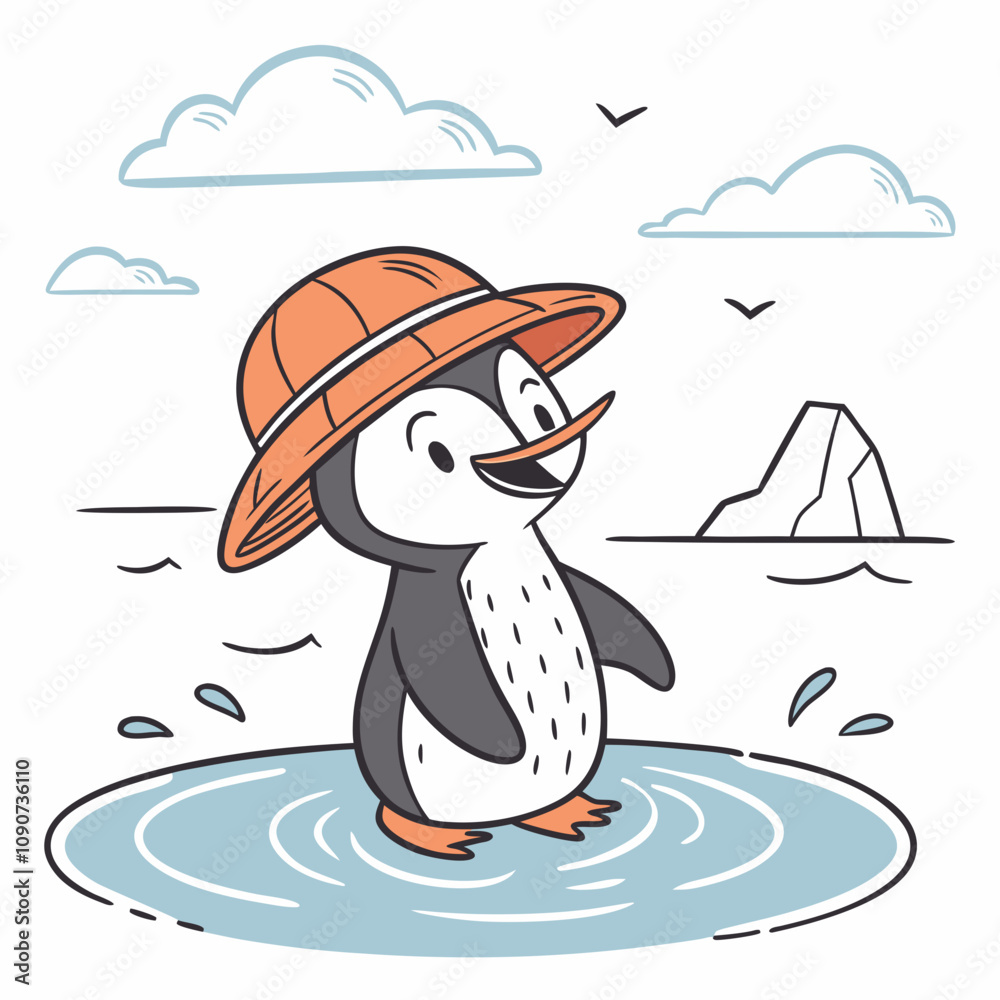 Fototapeta premium Cartoon Penguin Wearing Orange Hat Standing in Water