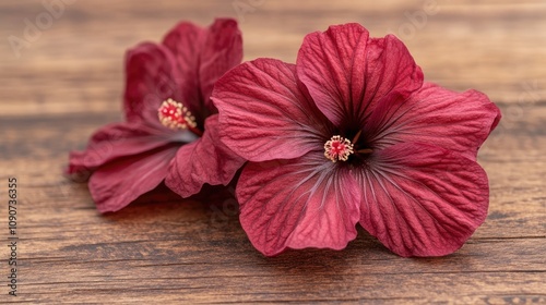 Vibrant Red Hibiscus Flowers on Wooden Surface Perfect for Tea and Syrup Preparation with Selective Focus Showcasing Intricate Petal Details