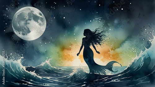 pretty mermaid silhouette back lit by a full moon. Jumping out of the water ocean sea. Watercolor illustration on a canvas texture. Misty fogy fantasy ocean scene. Long hair blowing in the wind.