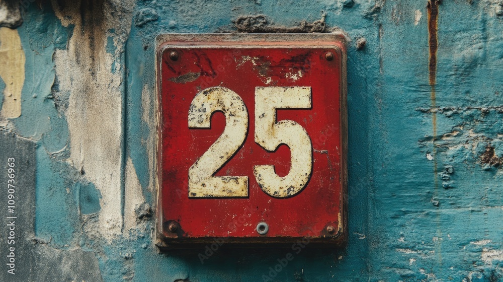 Rustic metal plaque with the number 25 prominently displayed, set against a weathered blue wall with peeling paint and a vintage aesthetic. Rustic metal plaque with the number 25 prominently displayed, set against a weathered blue wall with peeling paint and a vintage aesthetic.