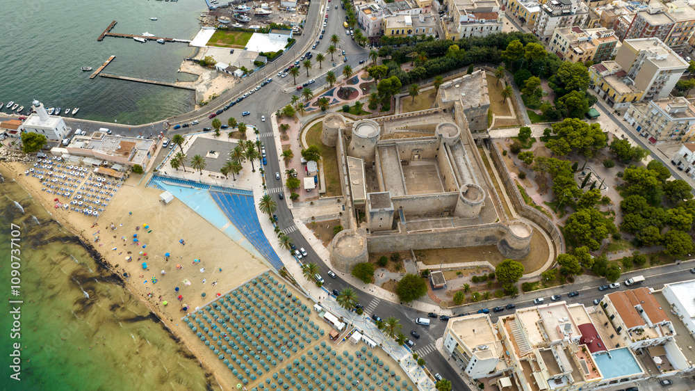 Fototapeta premium Aerial view of the castle of Manfredonia, in Puglia, Italy. It is a military structure built by the Aragonese and expanded in the eras of Swabian and Angevin domination. 