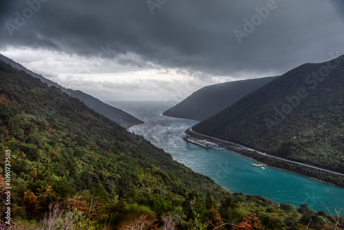 Plomin channel, aerial view, Istria, Croatia photo