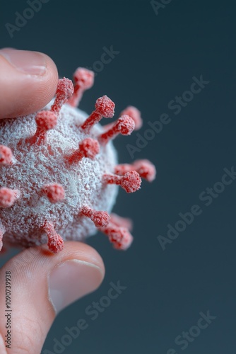 A hand holding a red and white object that looks like a virus. Concept of danger and fear, as the virus is depicted as a potentially harmful and contagious entity