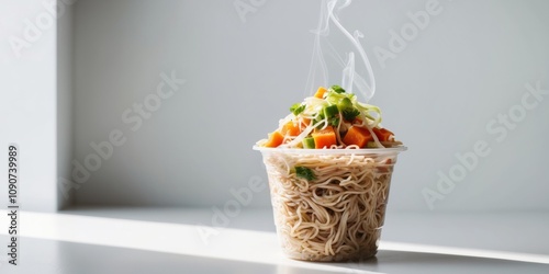 Instant Soba Noodles in a Plastic Cup with Vegetables. photo